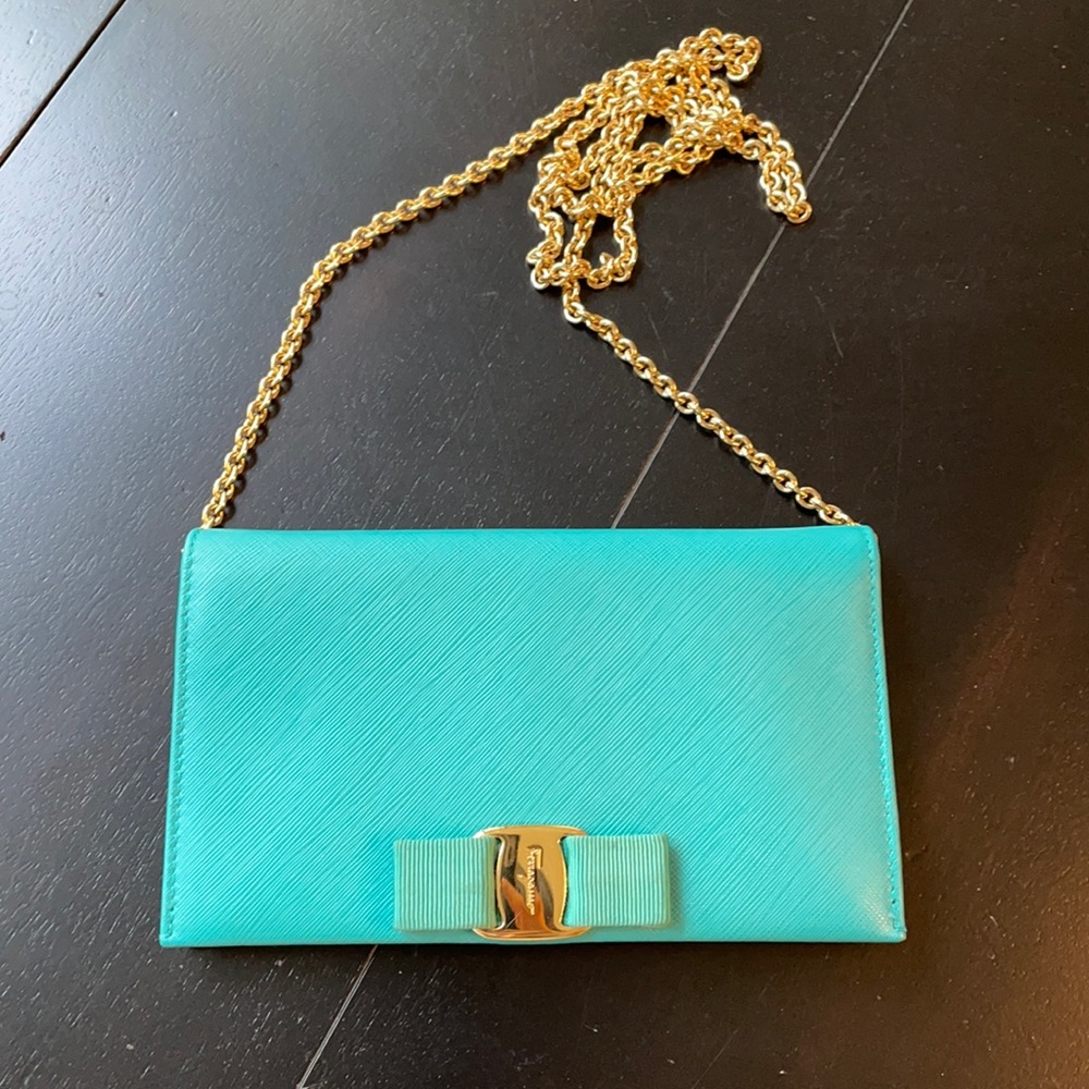 Salvatore Ferragamo Miss Vara Wallet on Chain WOC Turquoise with Gold hardware